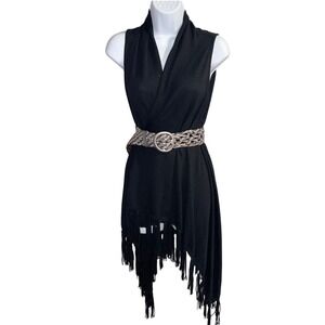 Boston Proper Wool Black Fringe Hem Sleeveless Knit Wrap Vest Sweater Small Y2K
